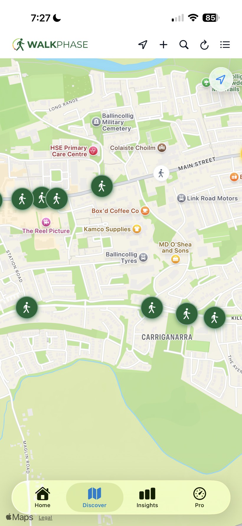 WalkPhase Discover map showing signalised crossings around Ballincollig and Carrigannara in Cork