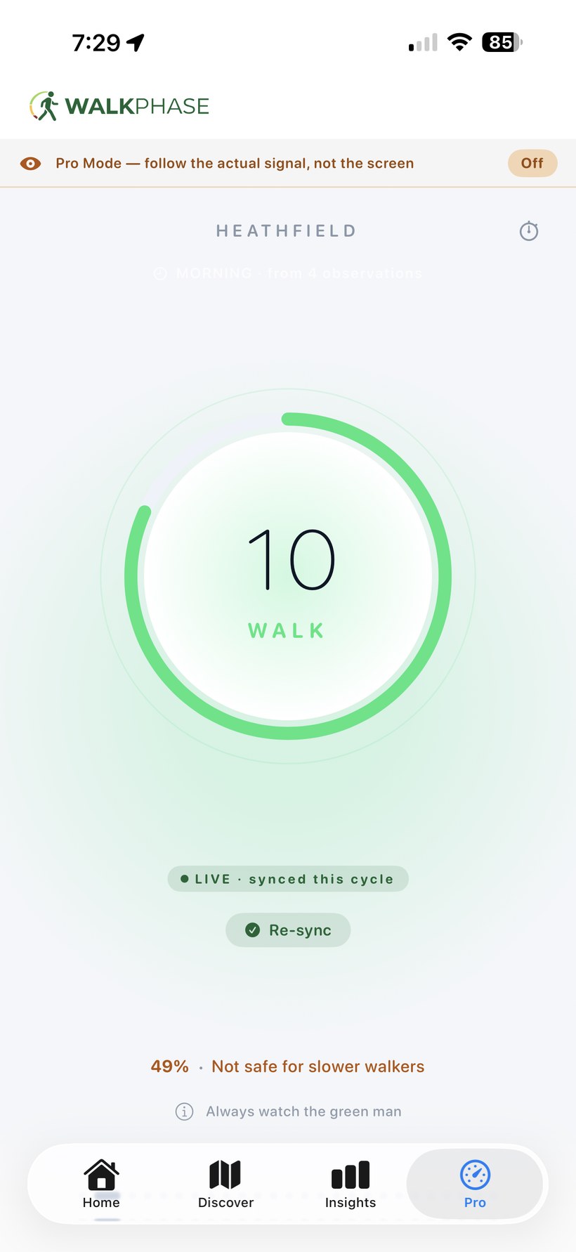WalkPhase Pro Mode showing a live countdown ring synced to the walk phase at a Cork crossing