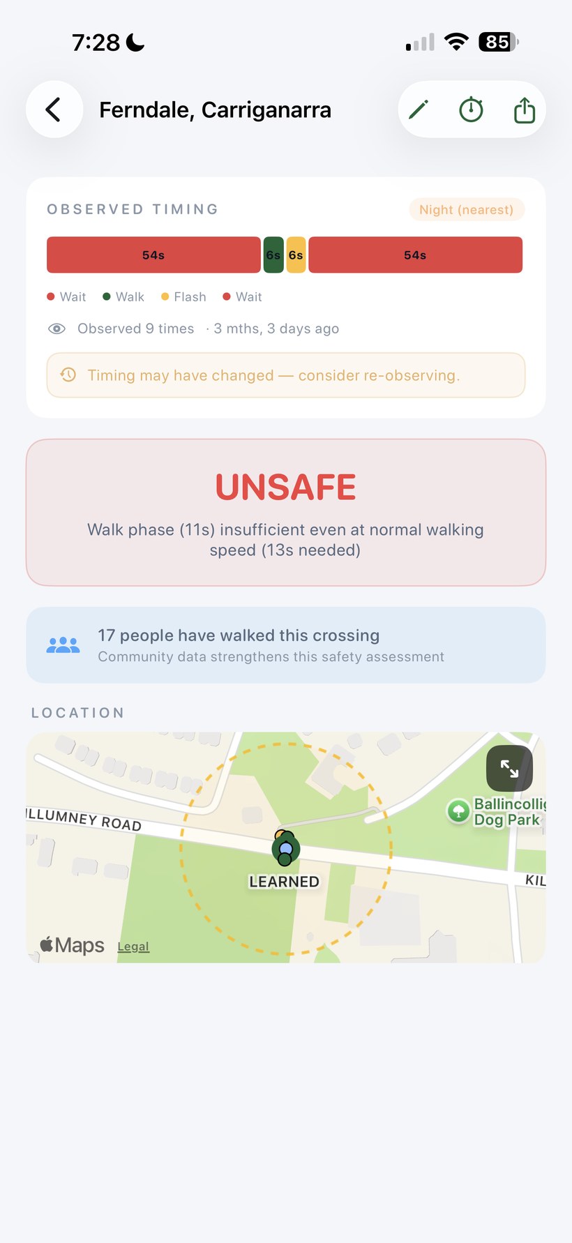 WalkPhase flagging a Cork crossing as unsafe — an 11-second walk phase is insufficient even at normal walking speed, where 13 seconds are needed