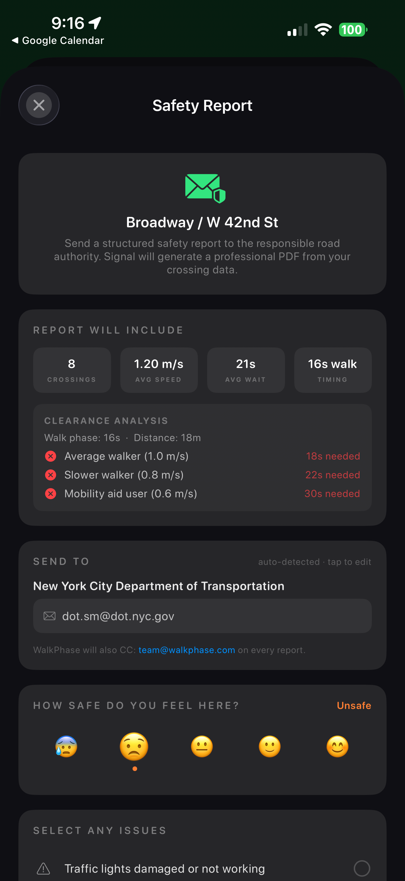 WalkPhase — Crash history, crossing activity heatmap